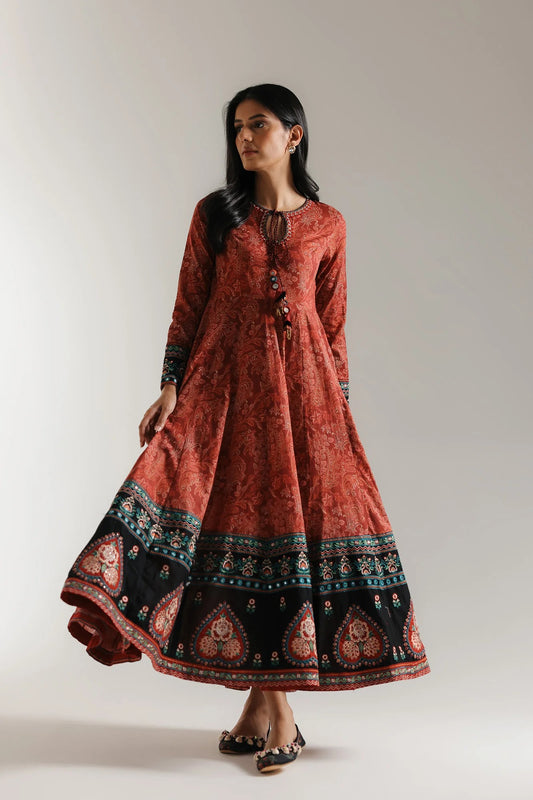 Crimson Folk Anarkali Pishwas – Brick Red