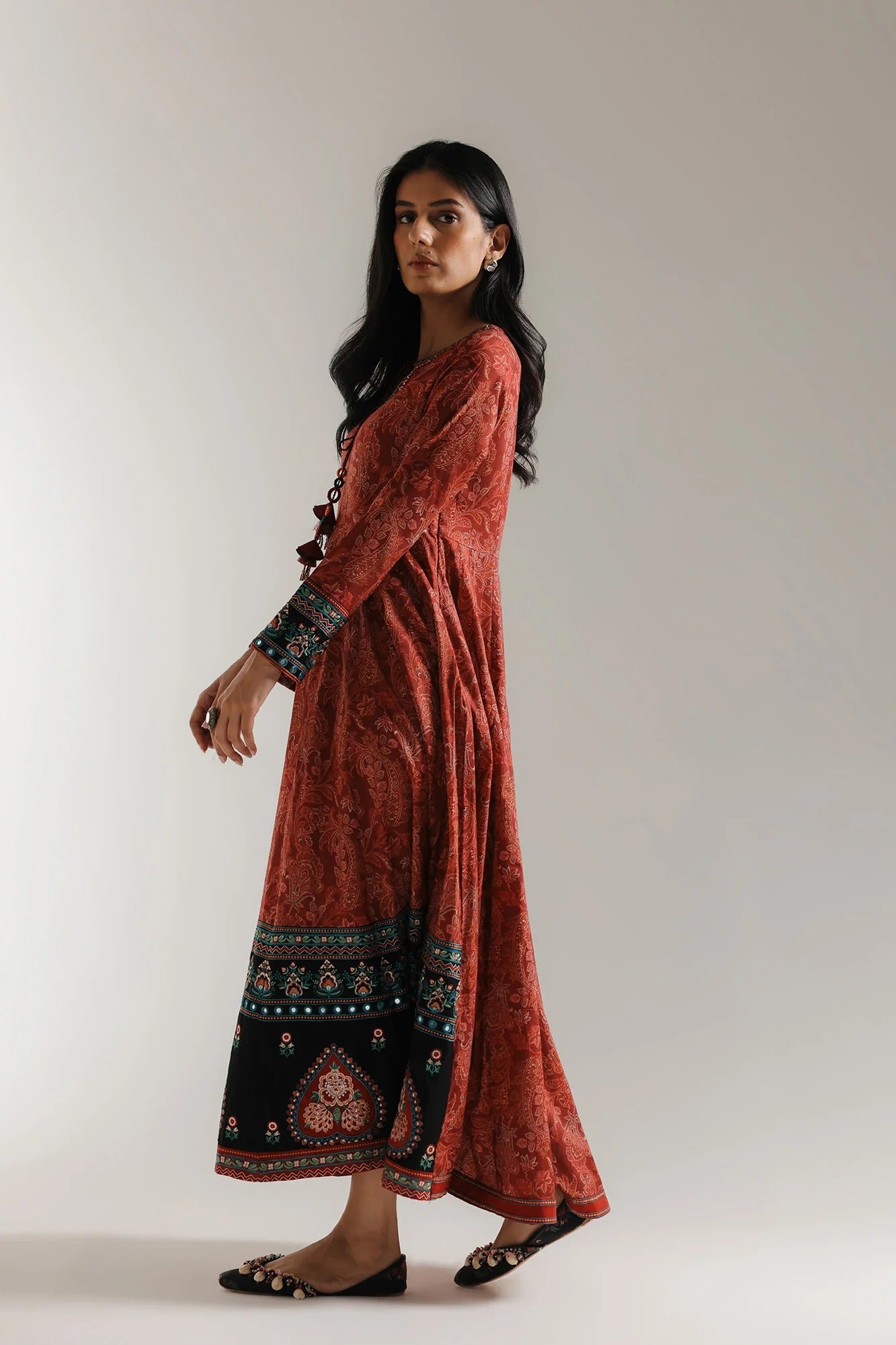 Crimson Folk Anarkali Pishwas – Brick Red