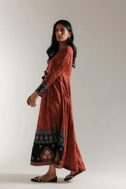 Crimson Folk Anarkali Pishwas – Brick Red