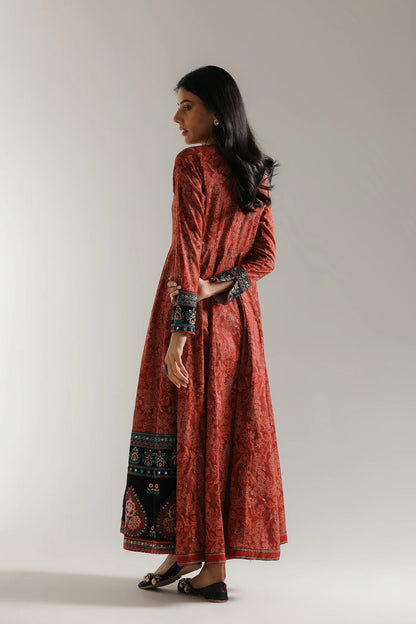 Crimson Folk Anarkali Pishwas – Brick Red