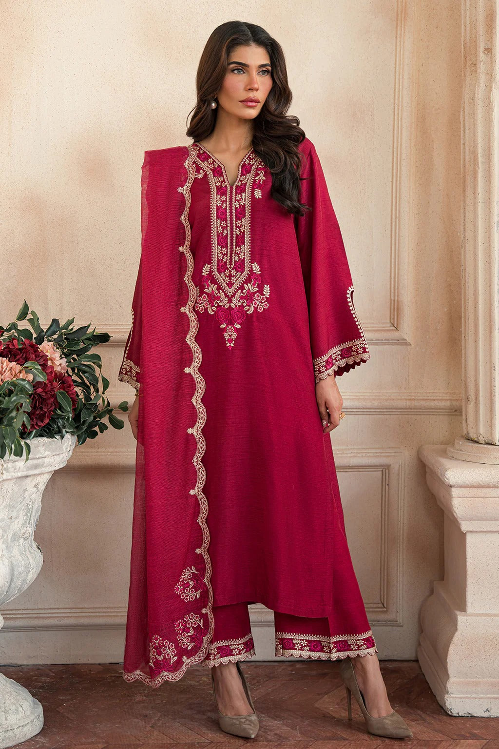 Embroidered Maroon Silk Suit - Vera