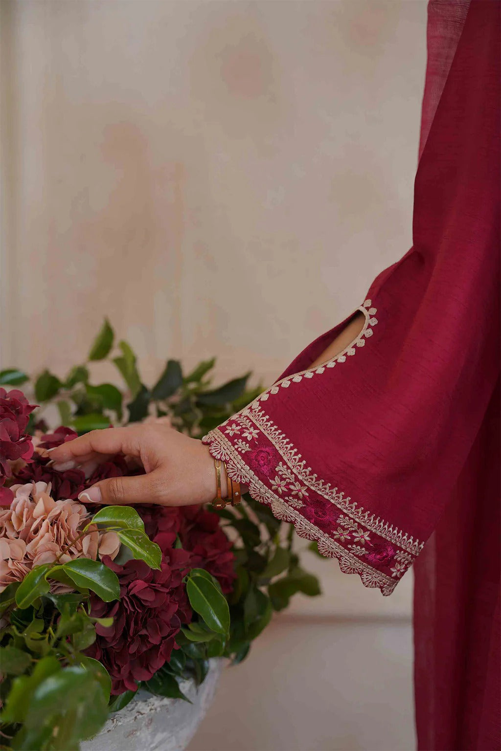 Embroidered Maroon Silk Suit - Vera