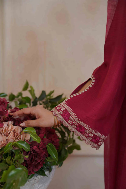 Embroidered Maroon Silk Suit - Vera