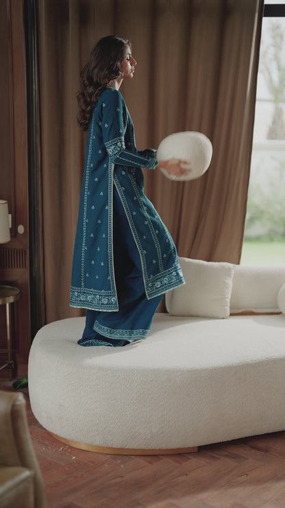 Luxury Embroidered Karandi Set - Teal Blue