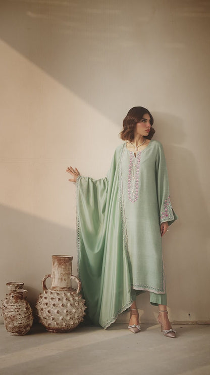 Embroidered Mint Green Silk Suit - Anya