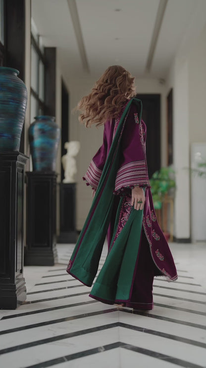 Luxury Embroidered Karandi Set - Deep Plum