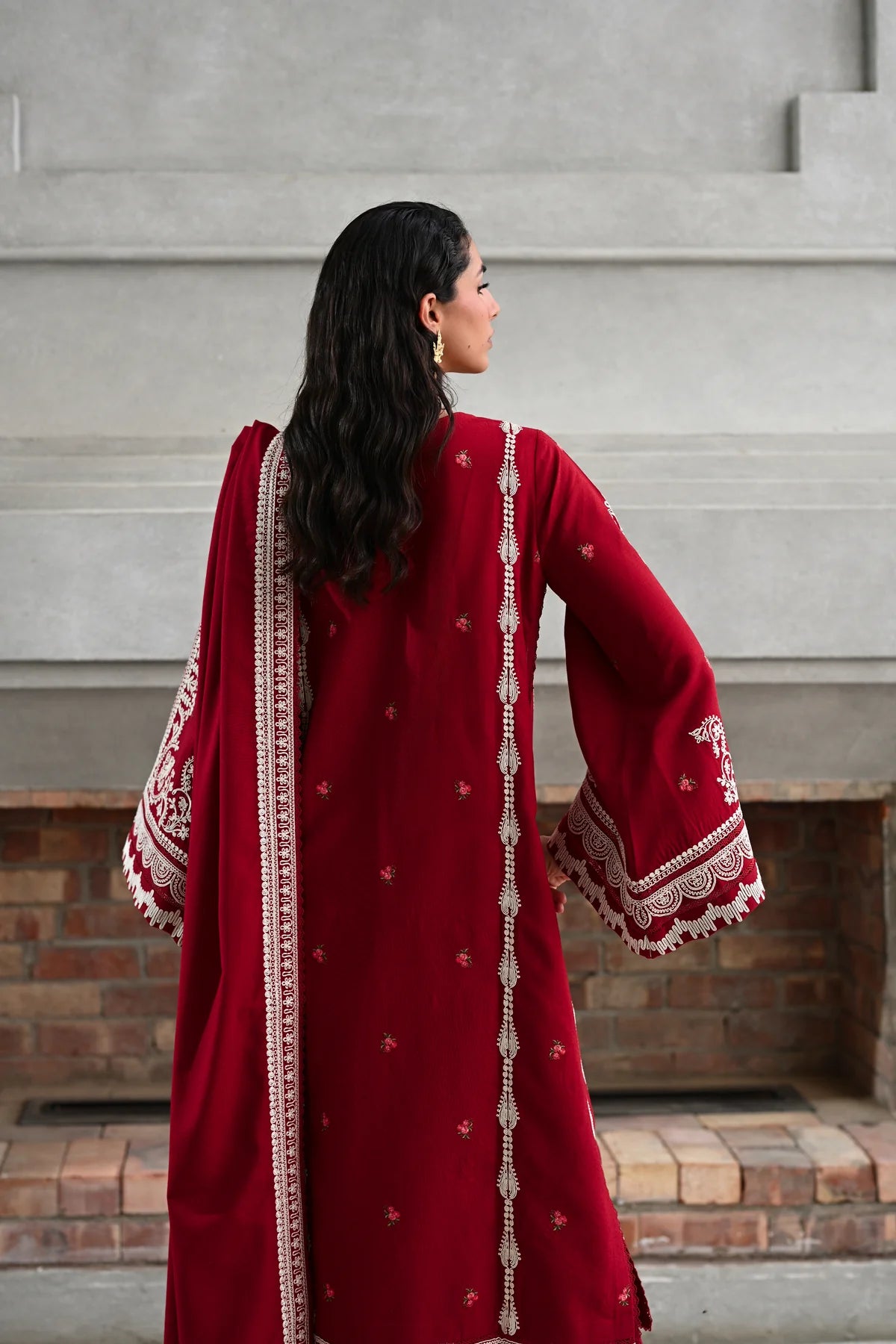 Dori  Luxury Embroidered Karandi Set - Deep Red